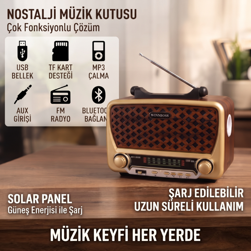 Nostalji Müzik Kutusu - Solar Panelli - Şarjlı - AUX Girişi - LED Fener - Bluetooth  - 2